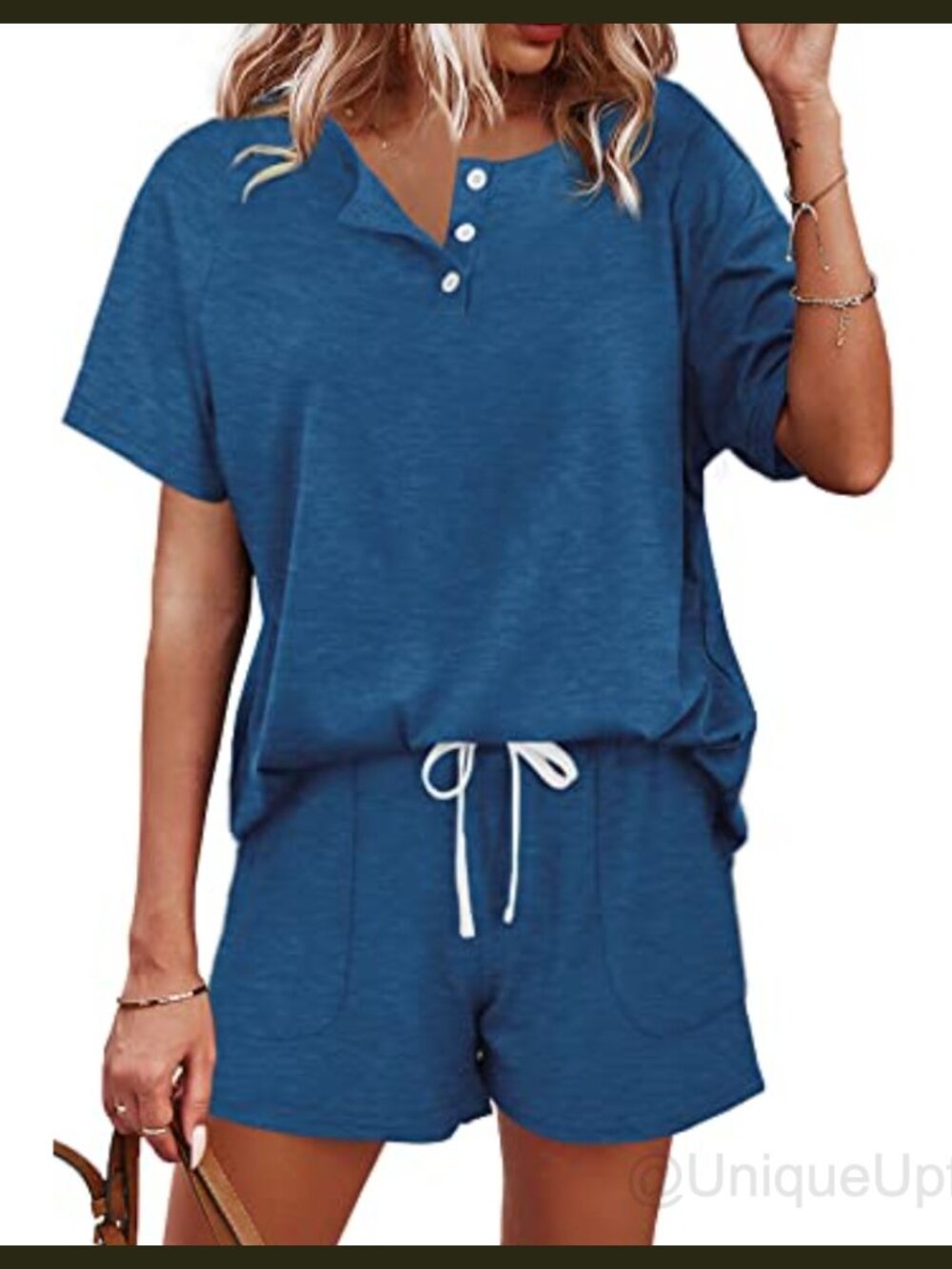 Two Piece Lounge Set Button Down Top and Drawstring Shorts with Pockets